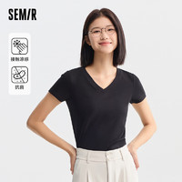 森马（Semir）短袖T恤女修身V领正肩简约2024抗菌夏装纯色109324100018 黑色90001