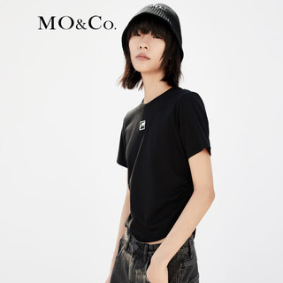 MO&Co.春夏【凉感】个性胶章短袖圆领抽褶短款T恤MBC2TEET05 黑色 XS/155