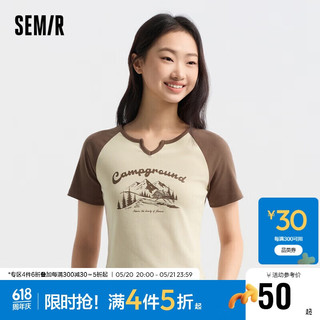 森马（Semir）短袖T恤女短款设计感印花2024夏季插肩袖紧身套头衫109324100036 咖色调00355 L