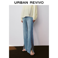 URBAN REVIVO 女时髦复古水洗开衩阔腿牛仔长裤UWH840088 蓝色 30
