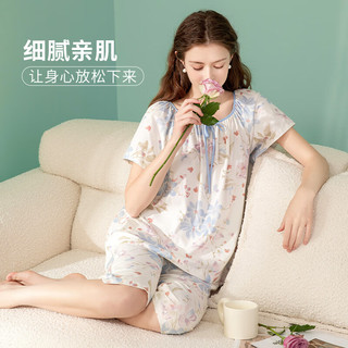 芬腾睡衣女【100%纯棉】2024年夏季圆领蝴蝶结花卉短袖五分裤家居服套 兰花 M