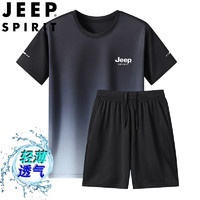 JEEP SPIRIT 吉普套装男夏季T恤短裤两件套休闲大码运动男装 黑灰 4XL