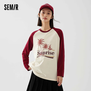 森马（Semir）长袖T恤女中长款宽松插肩袖秋季2023复古印花上衣107623101070 酒红60900 L