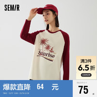 森马（Semir）长袖T恤女中长款宽松插肩袖秋季2023复古印花上衣107623101070 酒红60900 XXL