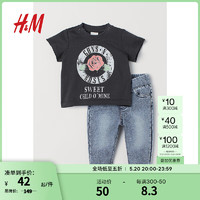 H&M 童装儿童套装2件式早春棉混纺印花T恤上衣打底长裤0699232 黑色/Guns N' Roses 59/40