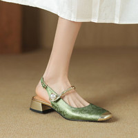 BELAMINIGA 法式新中式包头凉鞋女夏国风一字带低粗跟玛丽珍鞋后空单鞋配裙子 绿色凉鞋 35