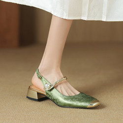 BELAMINIGA 法式新中式包头凉鞋女夏国风一字带低粗跟玛丽珍鞋后空单鞋配裙子 绿色凉鞋 35
