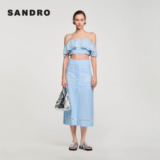 SANDRO2024夏季女装法式镂空花朵天蓝高腰半身长裙SFPJU01154 40/天蓝色 34