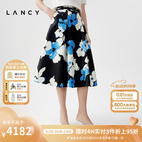 朗姿/LANCY2024夏季桑蚕丝法式油画印花大裙摆a字半身裙子女 夜幕黑色 L