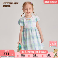 PawinPaw卡通小熊童装2024年夏季女宝宝撞色格纹泡泡袖连衣裙 L/Green浅绿色/41 90cm
