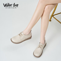 Walker Shop奥卡索女士休闲皮鞋女舒适系带坡跟单鞋子女D141076 米色 38 