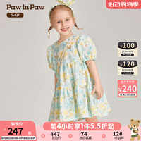 PawinPaw卡通小熊童装2024年春季女宝碎花泡泡袖连衣裙清新 Blue蓝色/50 130cm