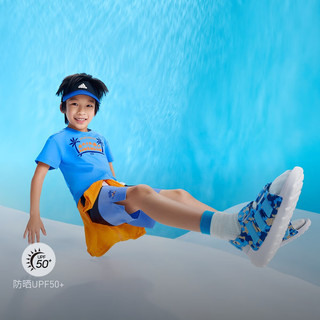 adidas拒水防泼防晒UPF50+拼接短裤男小童儿童夏季阿迪达斯轻运动 黑色/蓝 122CM
