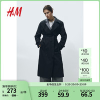 H&M女装风衣2024春季舒适双排扣平驳领及踝长袖外套1115204 黑色 170/104