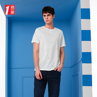 海一家简约时尚短T2024年夏季大众休闲透气男士短袖T恤 米白花纹69 165/84A