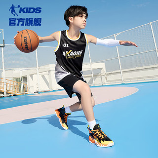 乔丹QIAODAN童装男童篮球套2024夏季儿童速干套装透气运动两件套 黑色/黑色 150cm