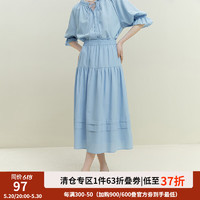 范思蓝恩 23FS12194法式蓝色衬衫套装，女，夏七分袖V领上衣裙子两件套 蓝色（半裙） XS