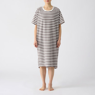 无印良品MUJI 女式 凉感天竺织 短袖家居睡裙 女夏季 FD13CC4S 棕色条纹 L-XL（170/92A）