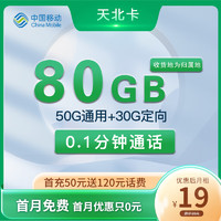 中国电信大流量带通话本地归属电话卡 天北卡 19元50G通用+30G定向