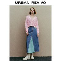 URBAN REVIVO UR2024春季新款女装时髦复古丹宁撞色开叉牛仔半裙UWL840053