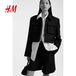 H&M女装休闲裤2024夏季高腰直筒宽松版型梭织五分短裤1229008 黑色 160/68