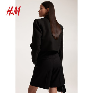 H&M女装休闲裤2024夏季高腰直筒宽松版型梭织五分短裤1229008 黑色 170/88