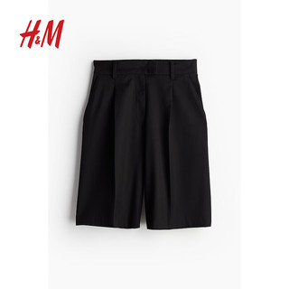 H&M女装休闲裤2024夏季高腰直筒宽松版型梭织五分短裤1229008 黑色 170/88