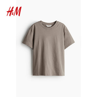 H&M女装T恤2024夏季米灰色棉质直裁短袖罗纹圆领上衣0963662 米灰色 XL