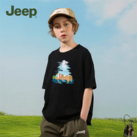 Jeep吉普儿童短袖T恤季中大童运动速干衣修身休闲男童上衣 黑色-1352 130cm