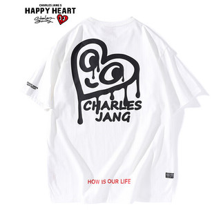 CHARLES JANG'S HAPPY HEART 查尔斯桃心 卡通爱心手绘印花Logo休闲圆领短袖T恤 男女同款 本白