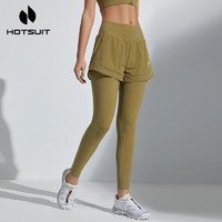HOTSUIT 后秀 假兩件健身褲女夏季跑步拳擊戶外防走光運動褲瑜伽褲 橄欖綠 XL