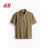 H&M 男装纹理感标准版型短袖衬衫1229117 卡其绿 175/100