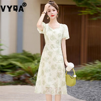 VYQA高端品牌 新中式国风连衣裙女 夏季新款刺绣印花盘扣改良旗袍裙子 绿色 M(建议105斤以内)
