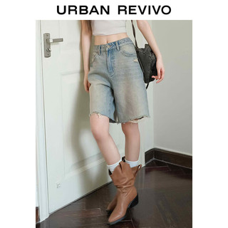 复古磨毛须边短裤：URBAN REVIVO 2024夏季新款女装美式休闲牛仔短裤