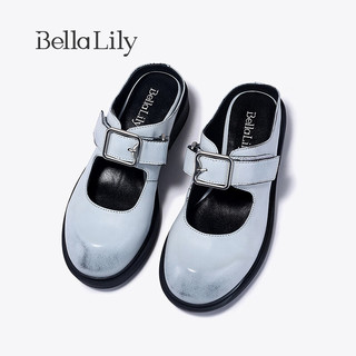 Bella Lily2024春季做旧真皮半包拖鞋女外穿单鞋脏脏小皮鞋子 白色 35