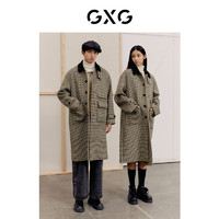 GXG 22年男装 经典格纹长大衣含羊毛撞色领复古休闲 冬季新品