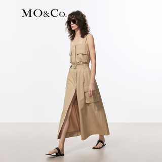 MO&Co.2024夏工装风平口背带宽松连衣裙附腰带MBD2DRST58 卡其绿色 S/160