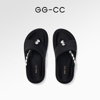 GG-CC 夏季新款时尚带钻厚底拖鞋百搭凉拖人字拖女G24S0028 黑色拖鞋 38