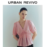 UR2024夏季新款女装法式温柔气质V领短袖罩衫衬衫UWG240099 裸粉 XS