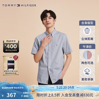 TOMMY HILFIGER 男装纯棉牛津纺休闲格纹尖角扣短袖衬衫外套MW0MW30092 蓝白格子0GY