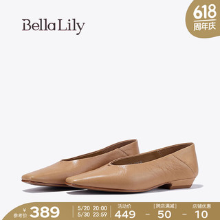 Bella Lily2024春季法式尖头单鞋女羊皮不累脚平底鞋气质瓢鞋 棕色 39