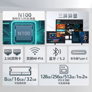 中柏迷你主机mini PC电脑办公家用娱乐台式机（十二代N100四核 双频WiFi） N100 Pro（WiFi6/双网口） 16G+512G