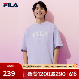 FILA 斐乐 短袖T恤2024春美式复古半袖宽松上衣女打底衫男 薰衣草浅紫-PU 175/96A/L