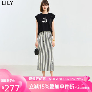 LILY2024夏女装复古时尚条纹松紧腰显瘦垂坠感气质直筒半身裙 601白色 L