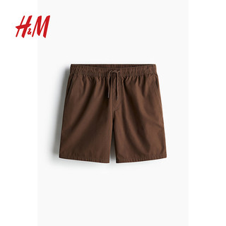 H&M男装休闲裤2024夏季棉质标准版型舒适腰带抽绳短裤1037593 棕色 180/114