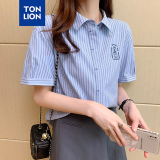 唐狮 TONLION2024女翻领条纹短袖衬衫WP 天蓝 S