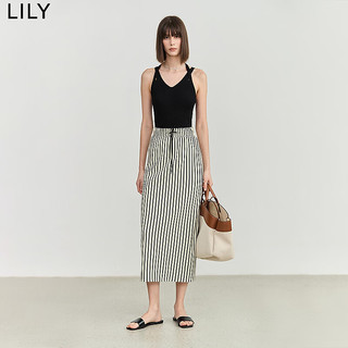 LILY2024夏女装复古时尚条纹松紧腰显瘦垂坠感气质直筒半身裙 601白色 M