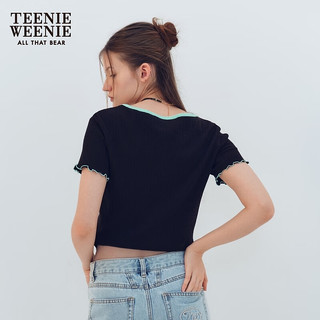 Teenie Weenie小熊女装2024夏季提花罗纹修身短袖T恤撞色U型领 黑色 165/M