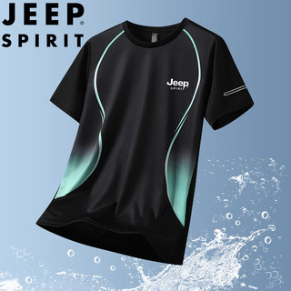 JEEP SPIRIT 吉普短袖T恤男夏季半袖圆领宽松冰丝速干上衣男装 黑绿 3XL