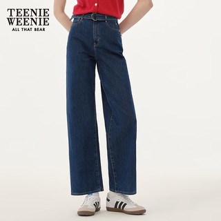 Teenie Weenie小熊女装2024春装休闲宽松直筒牛仔裤长裤附腰带 深蓝色 175/XL